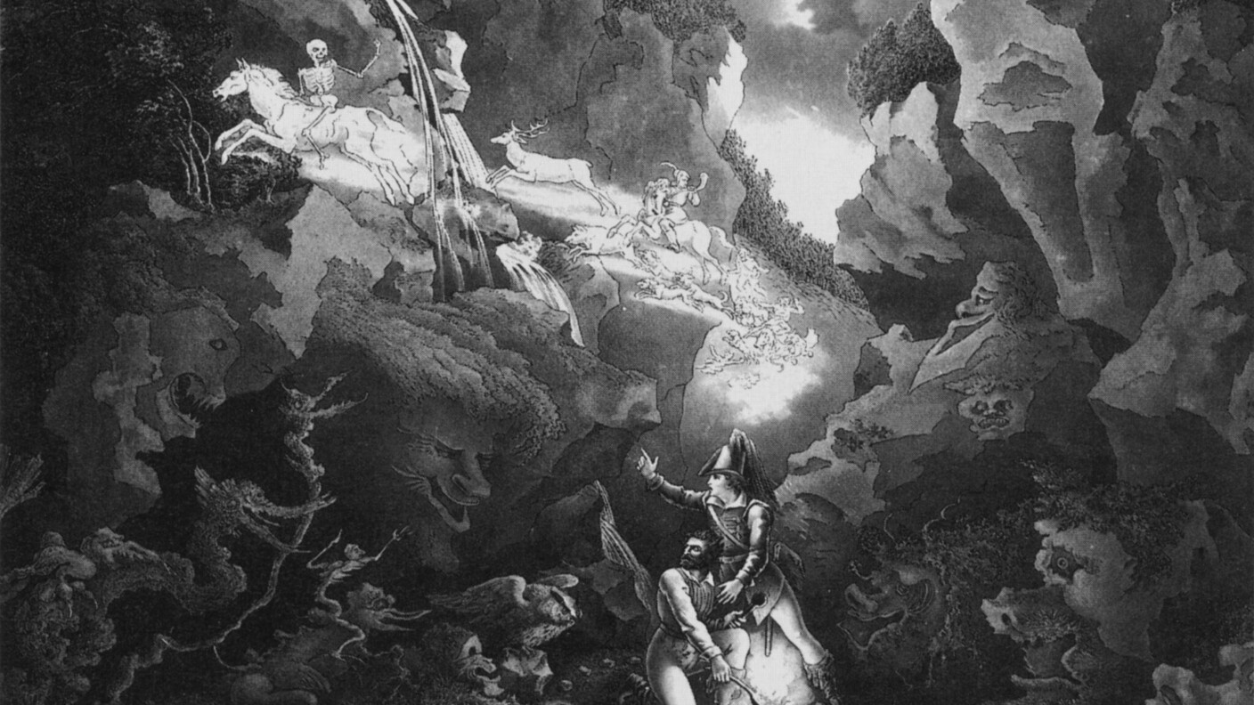 Der Freischütz, 2. Akt: Geisterheer in der Wolfsschlucht. Bühnenbildentwurf, Weimar 1822