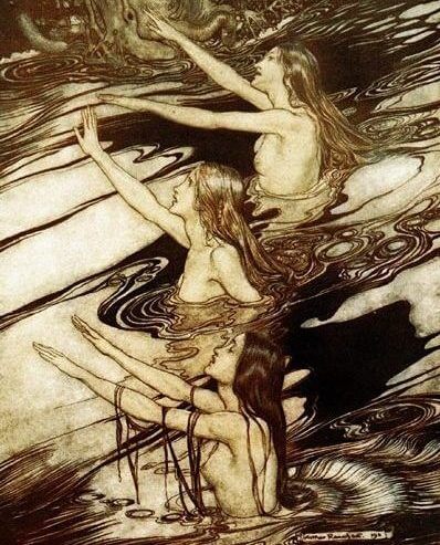 Die Rheintöchter. Illustration von Arthur Rackham