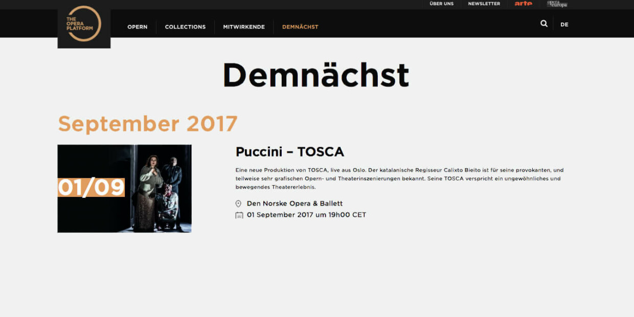 Vorschau auf der Website "The Opera Platform"