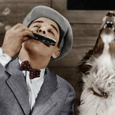 Mundharmonikaspieler und Hund