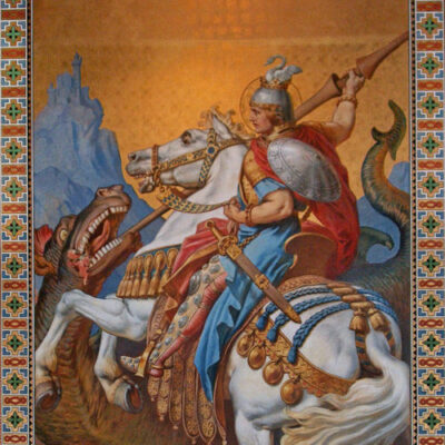 Siegfried tötet den Drachen. Fresko in Schloss Neuschwanstein