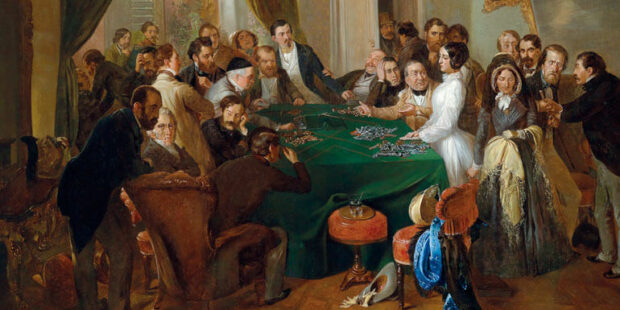 La Traviata, Eklat am Spieltisch. Gemälde von Carl d'Unker (zugeschrieben)
