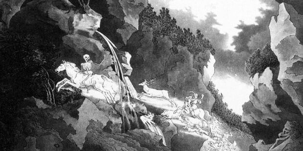 Der Freischütz, 2. Akt: Geisterheer in der Wolfsschlucht. Bühnenbildentwurf, Weimar 1822