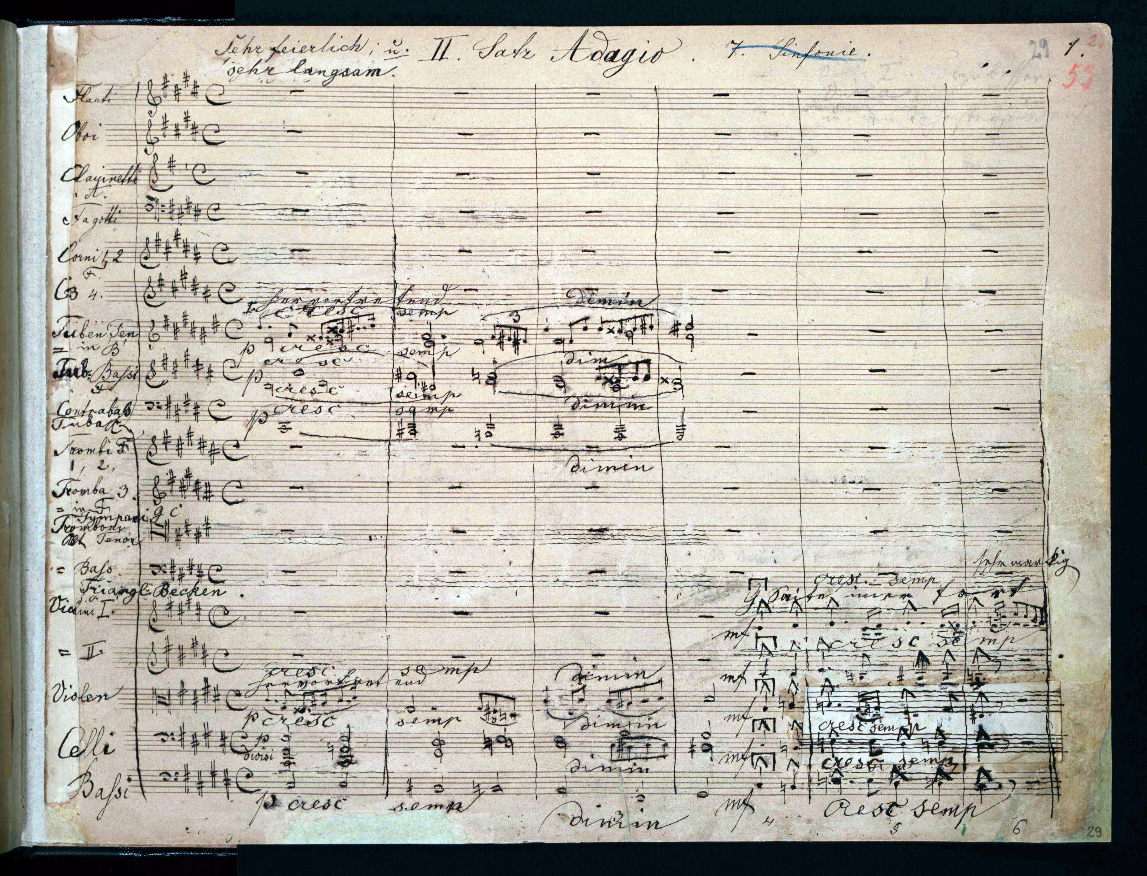 Anton Bruckner, Sinfonie Nr. 7, Beginn des Adagios. Autograf des Manuskripts, 1881