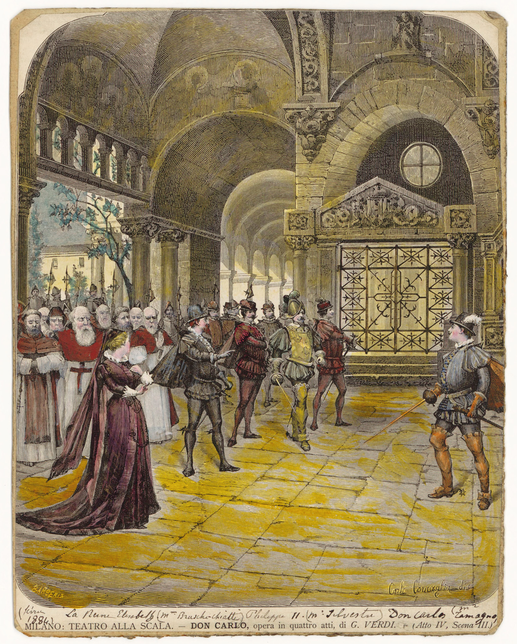 Bühnenbild zu Don Carlos. Zeichnung von Giuseppe Barberis zur Uraufführung der italienischen Fassung 1884 an der Mailänder "Scala"