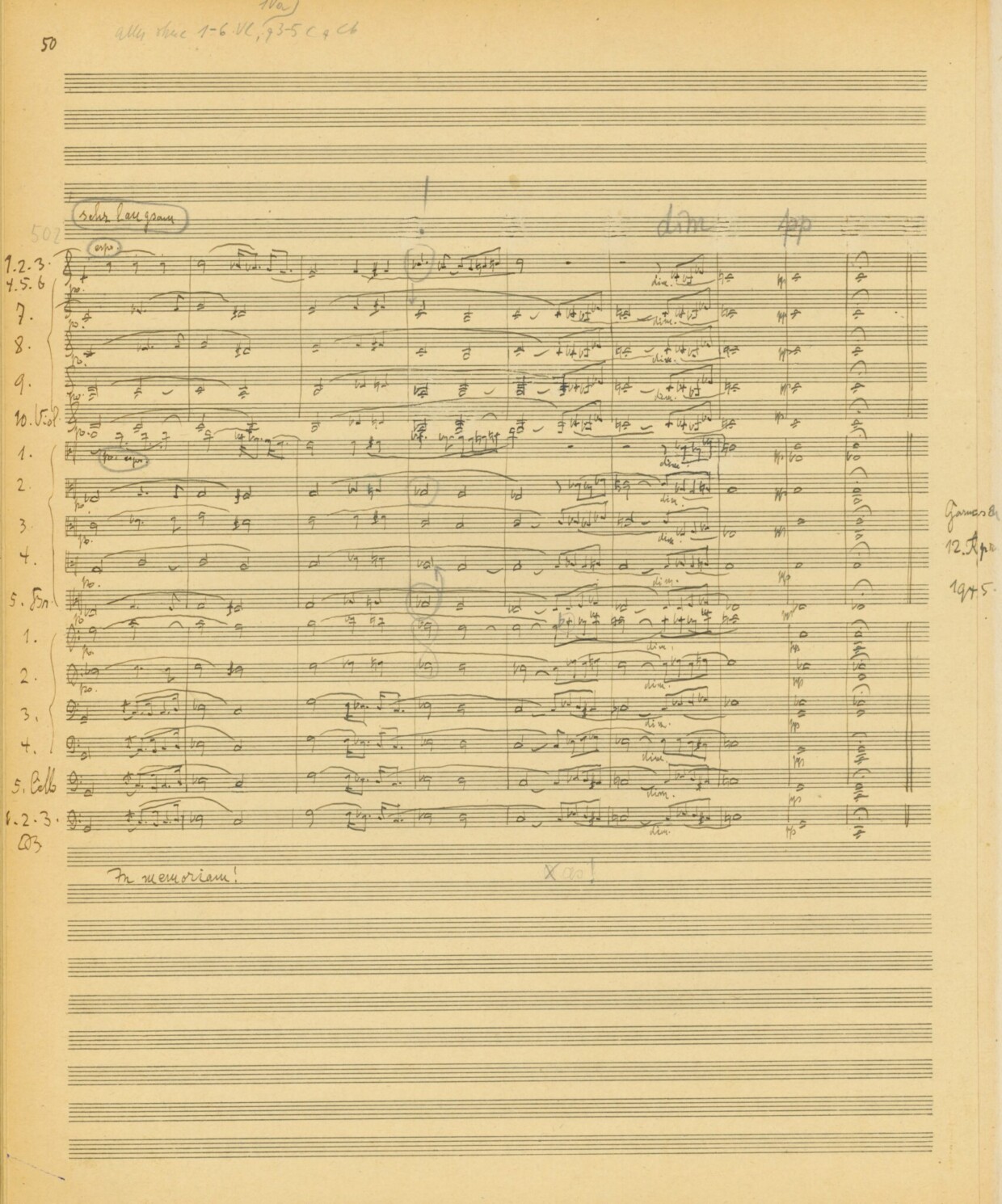 Richard Strauss, „Metamorphosen“. Studie für 23 Solostreicher (1944-45). Zweite Partiturreinschrift mit Dirigiereintragungen von Paul Sacher, S. 50