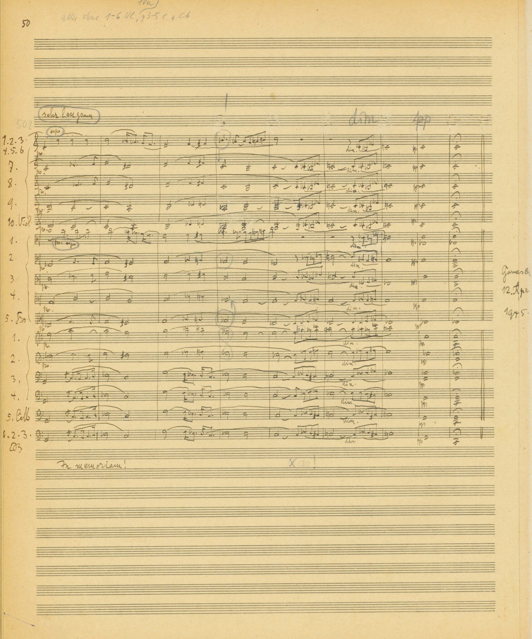 Richard Strauss, „Metamorphosen“. Studie für 23 Solostreicher (1944-45). Zweite Partiturreinschrift mit Dirigiereintragungen von Paul Sacher, S. 50