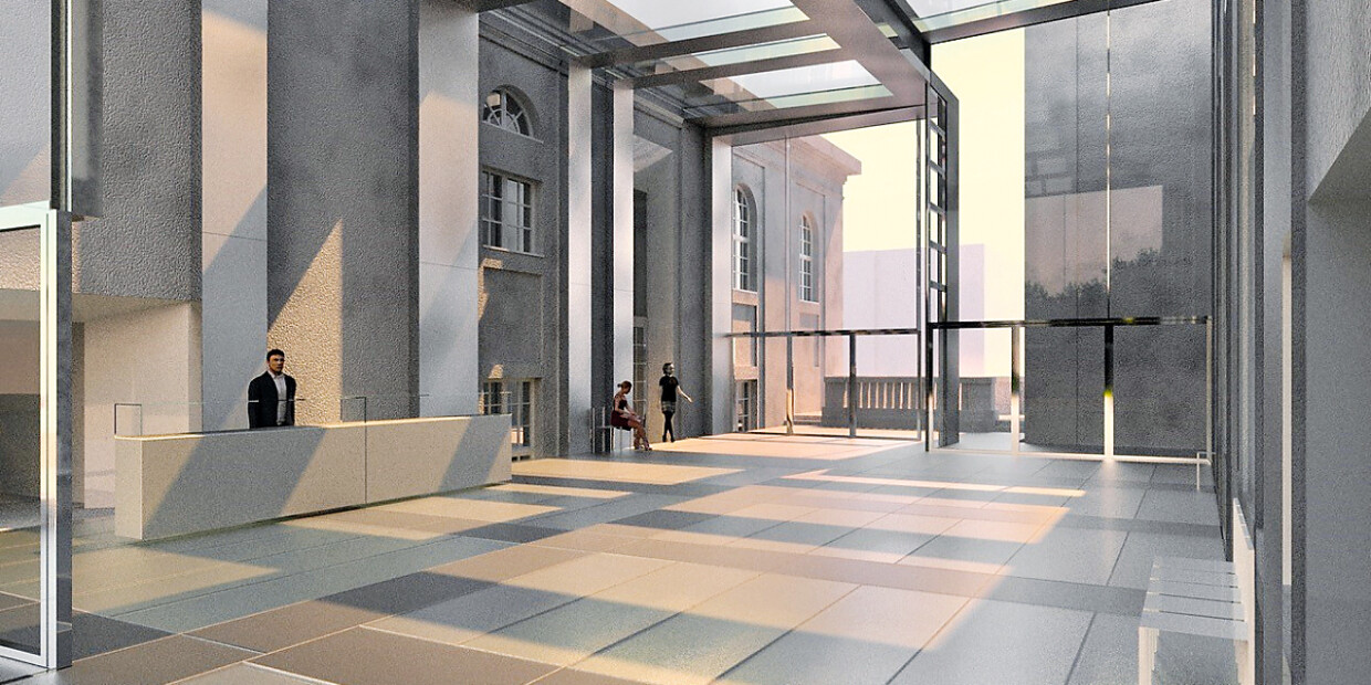 Freier Blick auf die historische Fassade: Das 170 Quadratmeter große Pausenfoyer im ersten Stock bietet Platz für rund 800 Konzertbesucher