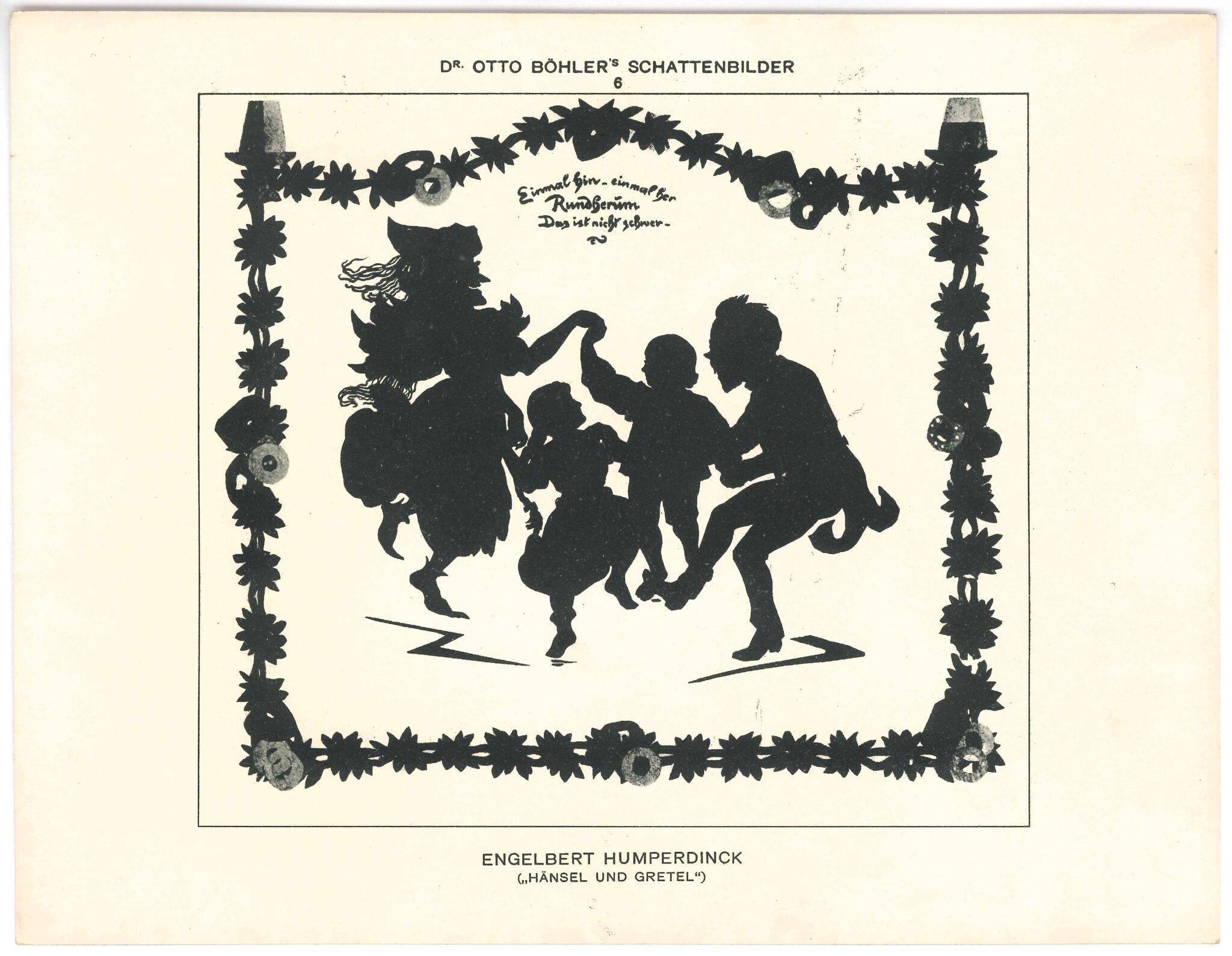 „Einmal hin – einmal her. Rundherum, das ist nicht schwer“: Engelbert Humperdinck im Tanz mit Hänsel, Gretel und der Hexe in einer Silhouette von Otto Böhler