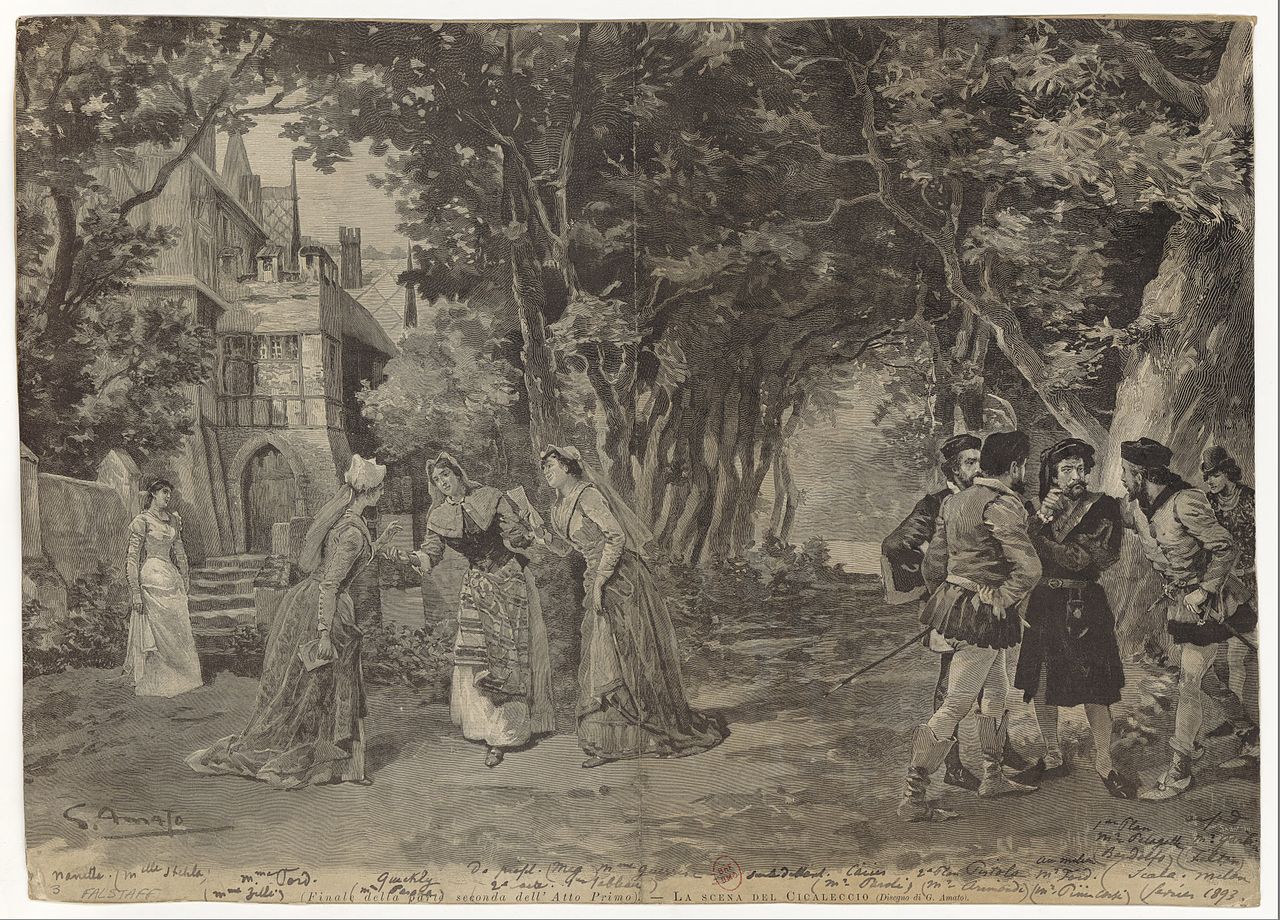 Im Garten der Fords zum Finale des 1. Akts, Zeichnung von G. Amato (1893)