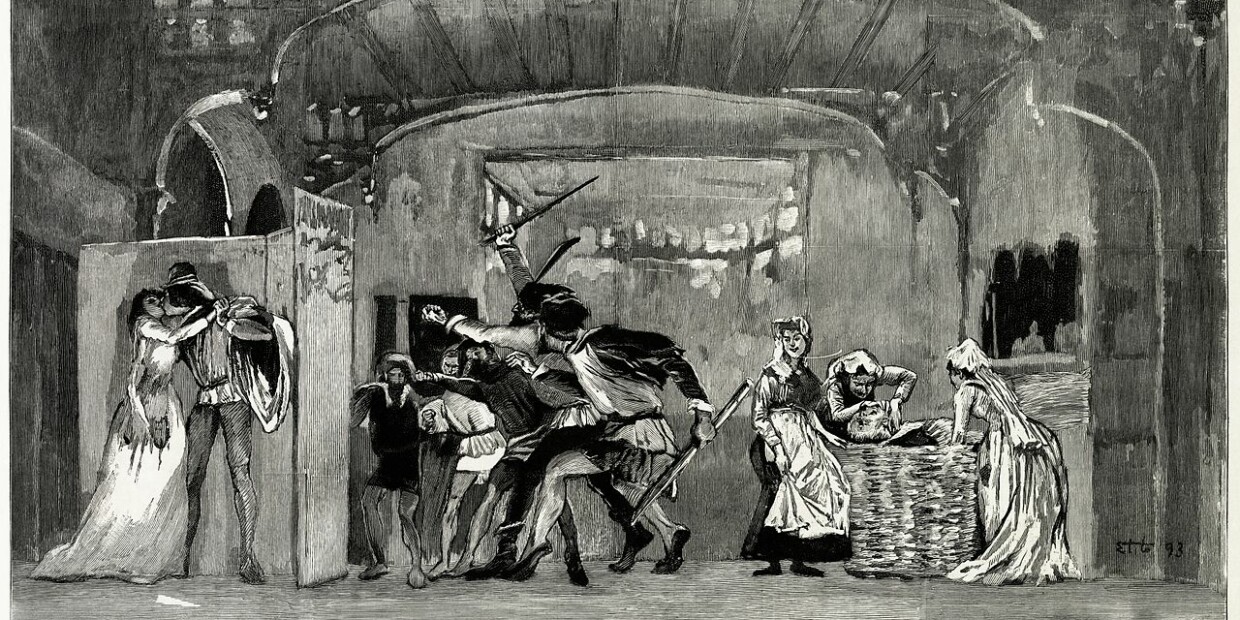 Falstaff versteckt sich im Wäschekorb, Zeichnung von Ettore Tito für „The Graphic“ im Februar 1893