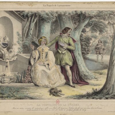 Farbillustration zu Walter Scotts „The Bride of Lammermoor“: Lucy trifft sich mit heimlich mit Edgar